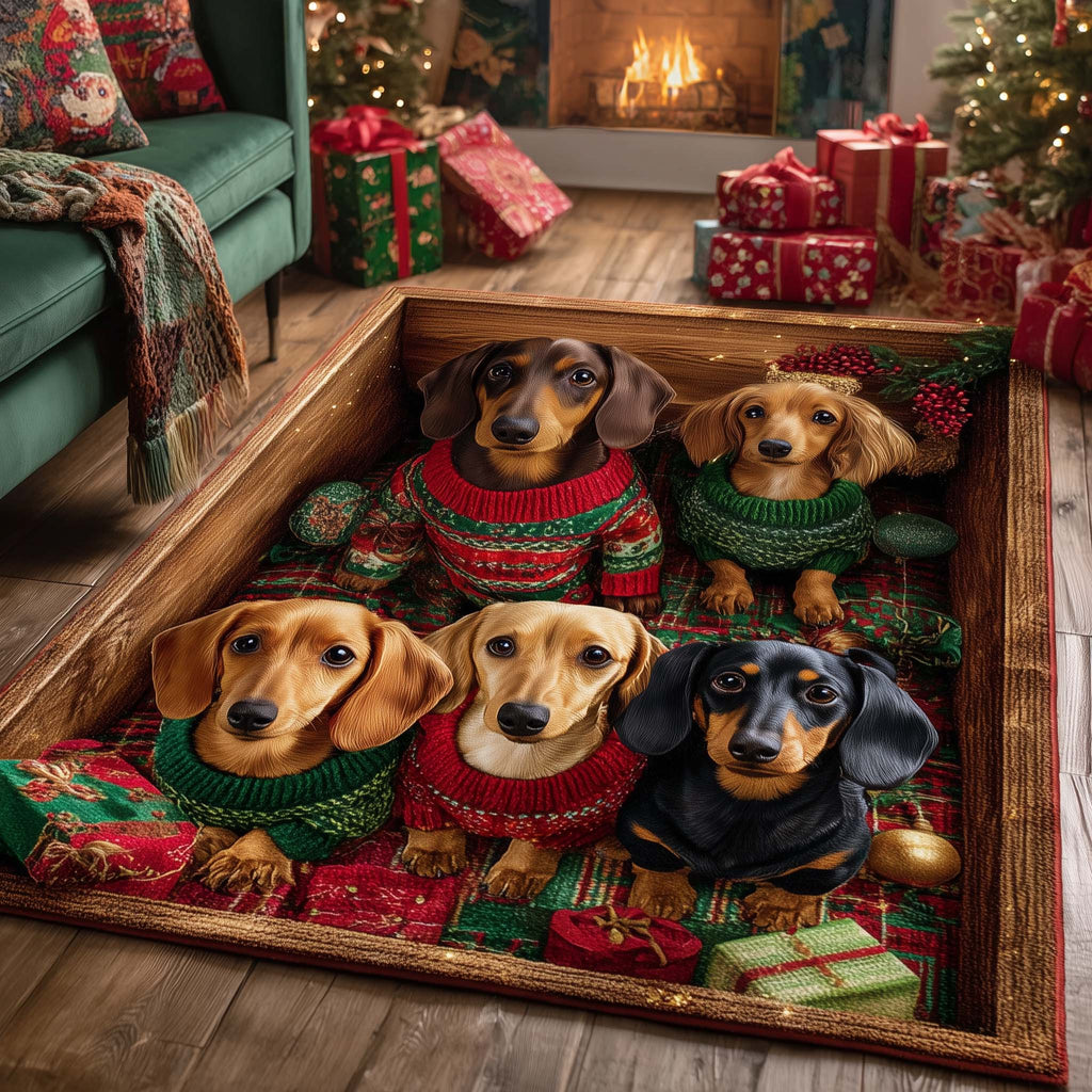 Merry Dachshund area rug in a living room