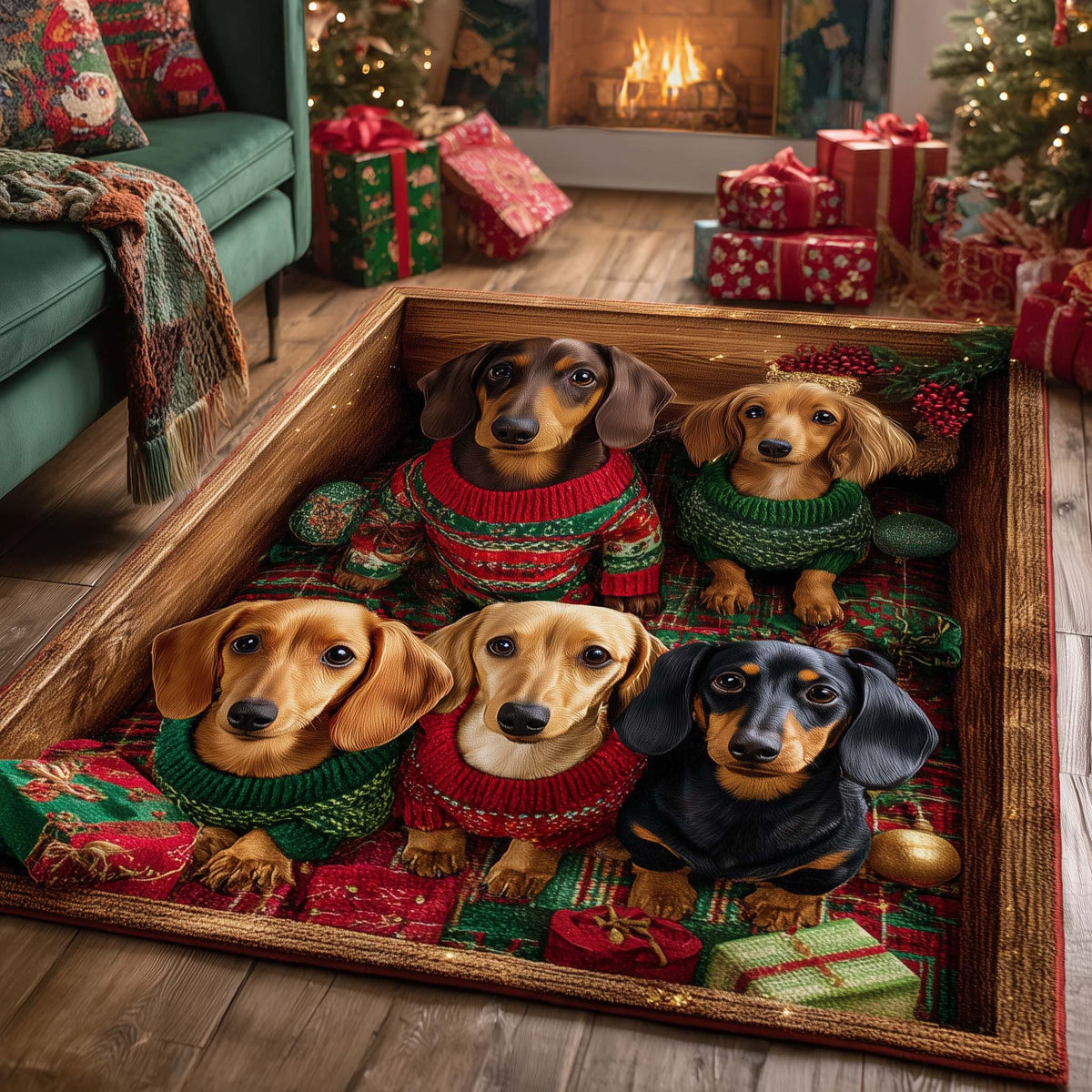 Merry Dachshund area rug in a living room