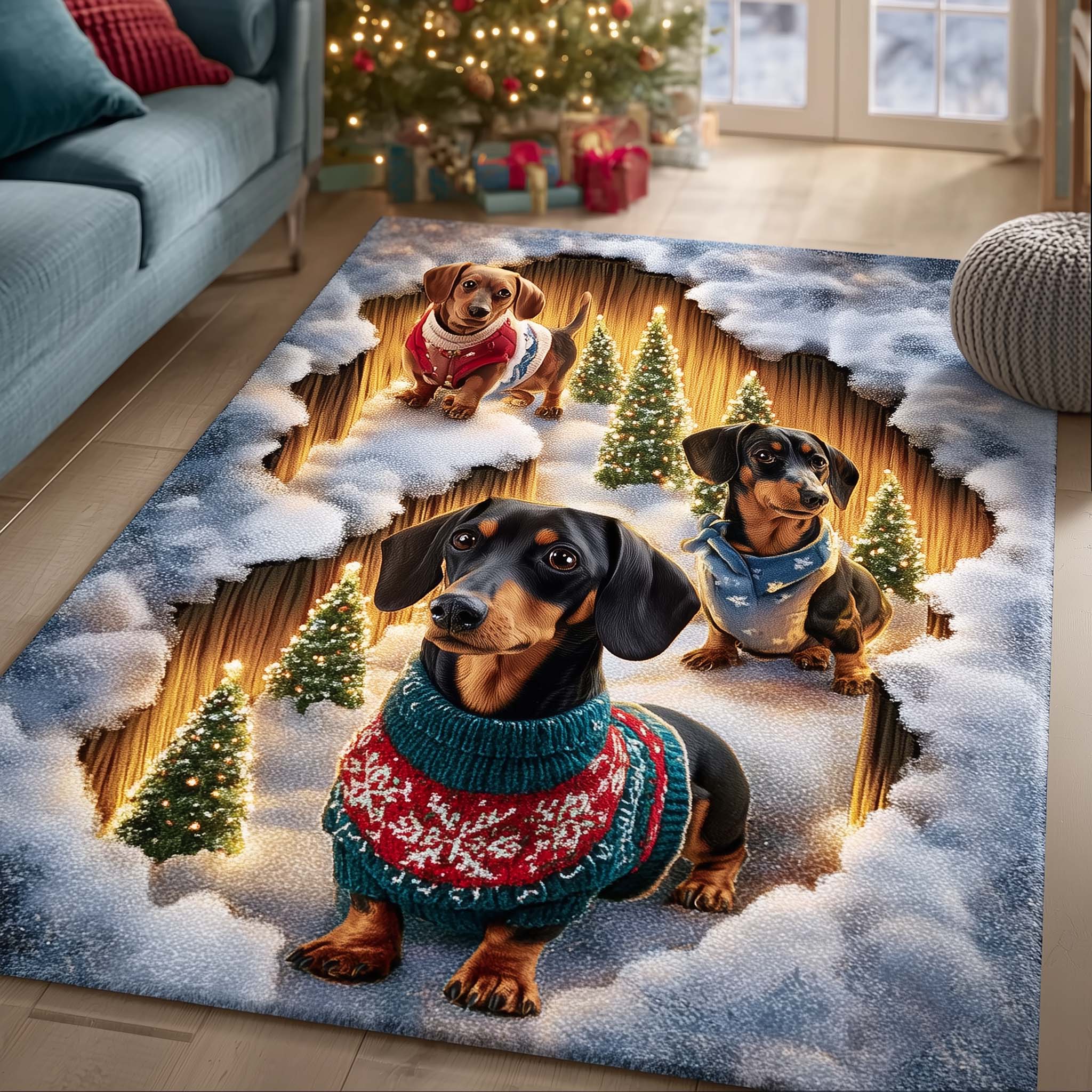 Merry Dachshund area rug in a living room