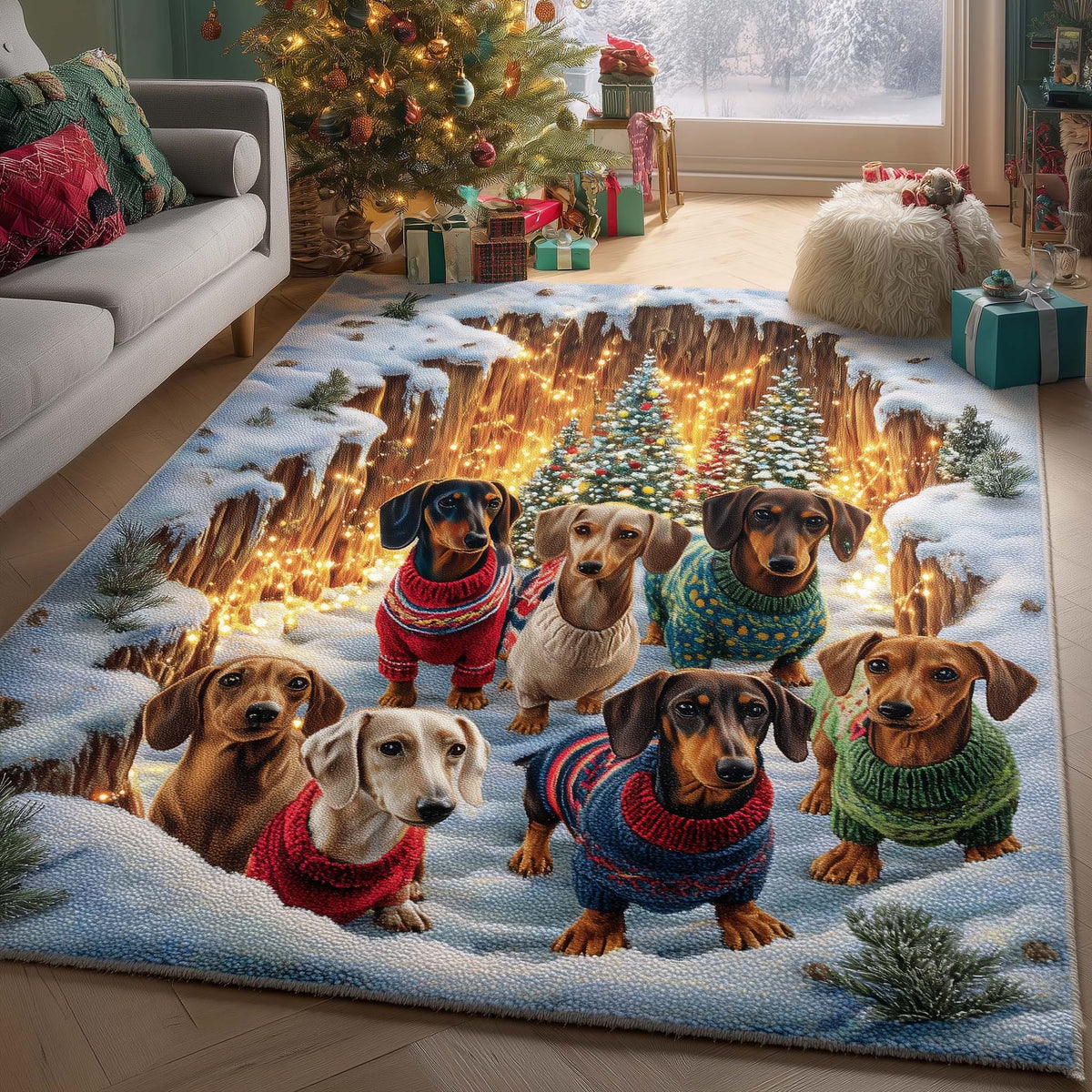 Merry Dachshund area rug in a living room