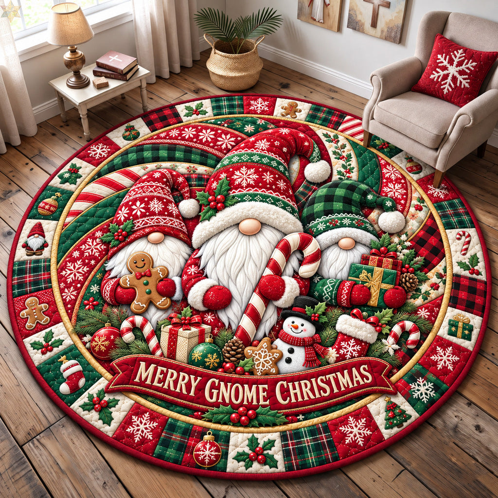 Merry Gnome Christmas Round Mat Rug - Seasonal Design | Festive Home Decor - washable non-slip printed rug