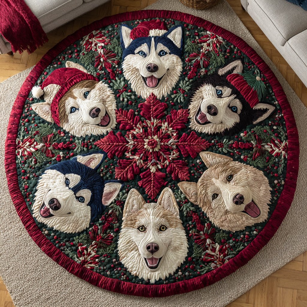 Merry Husky Round Mat Rug - washable non-slip printed rug