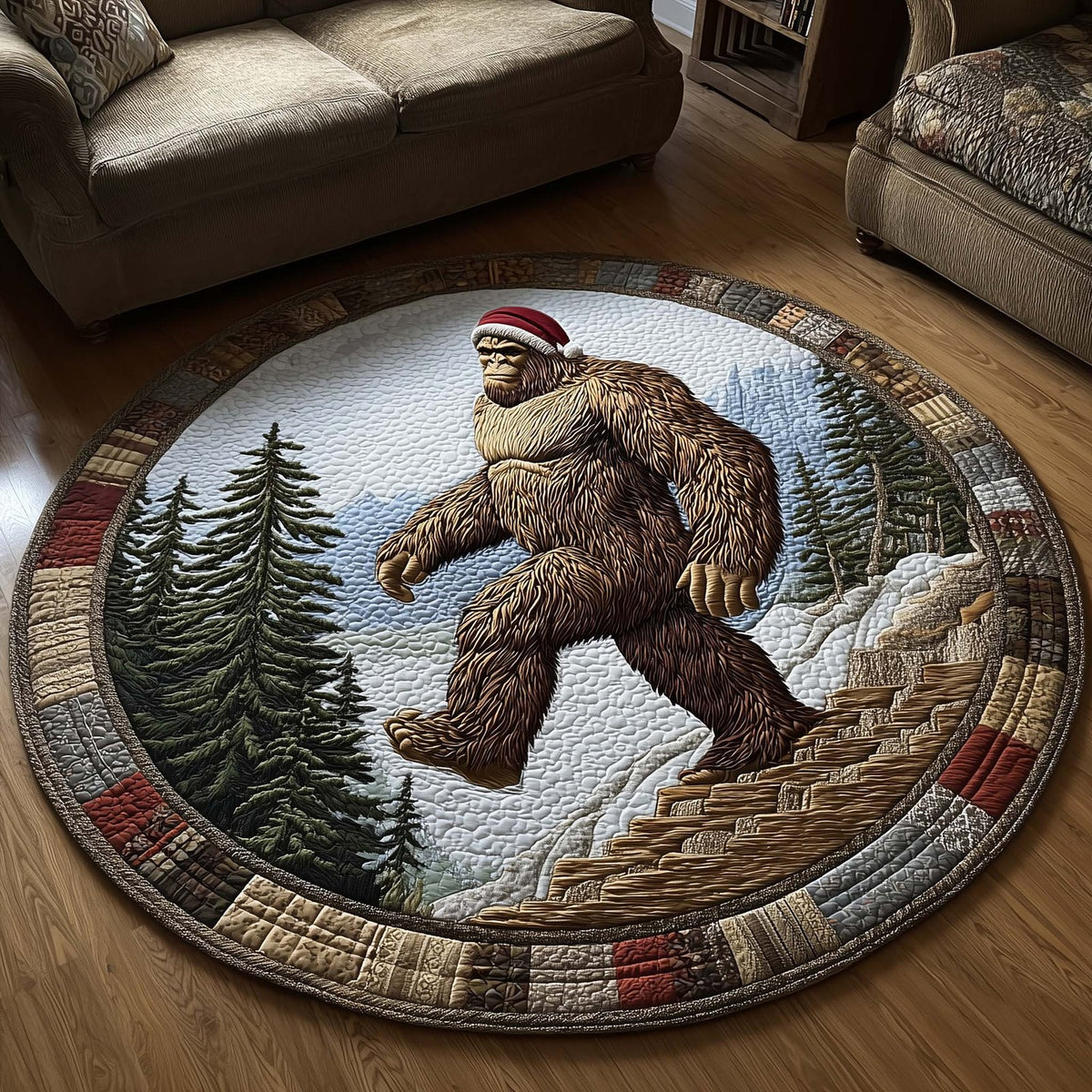 Merry Squatchmas (Design 9) Round Mat Rug - washable non-slip printed rug
