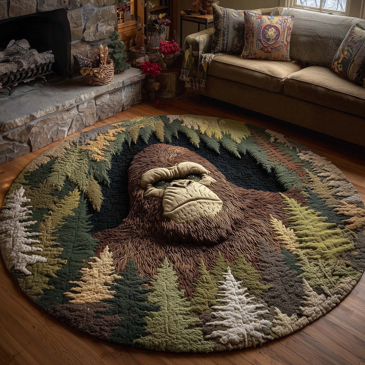 Merry Squatchmas (Design 4) Round Mat Rug - washable non-slip printed rug
