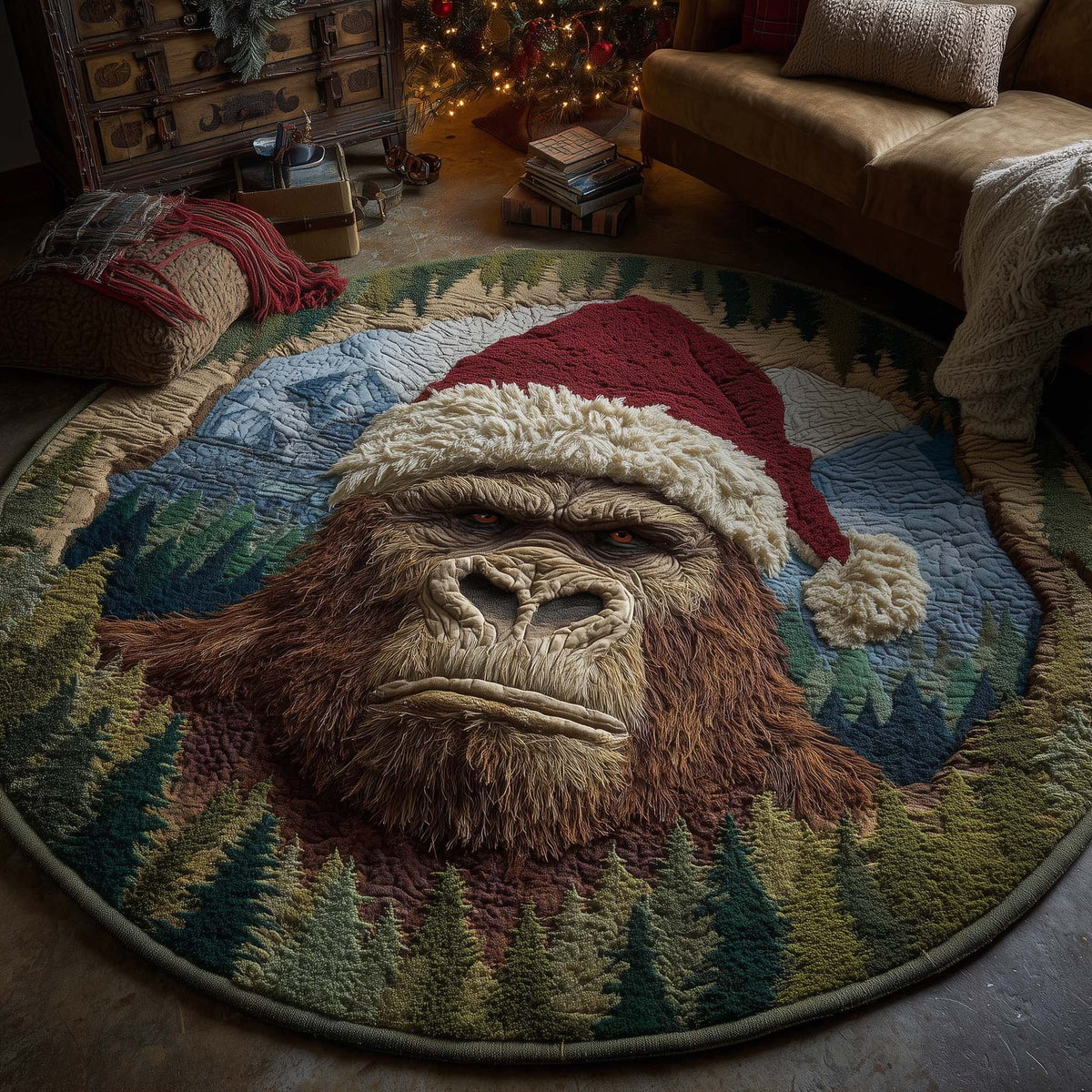 Merry Squatchmas (Design 3) Round Mat Rug - washable non-slip printed rug