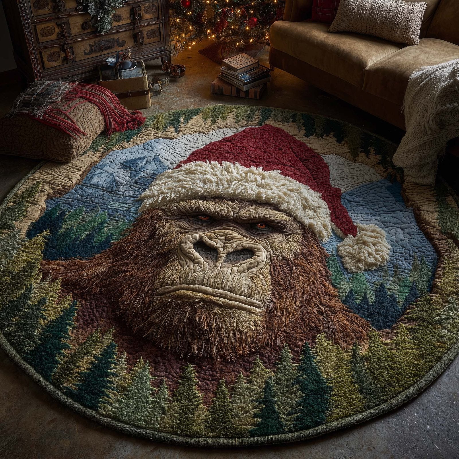 Merry Squatchmas Round Mat Rug - Nature Design | Serene Home Decor
