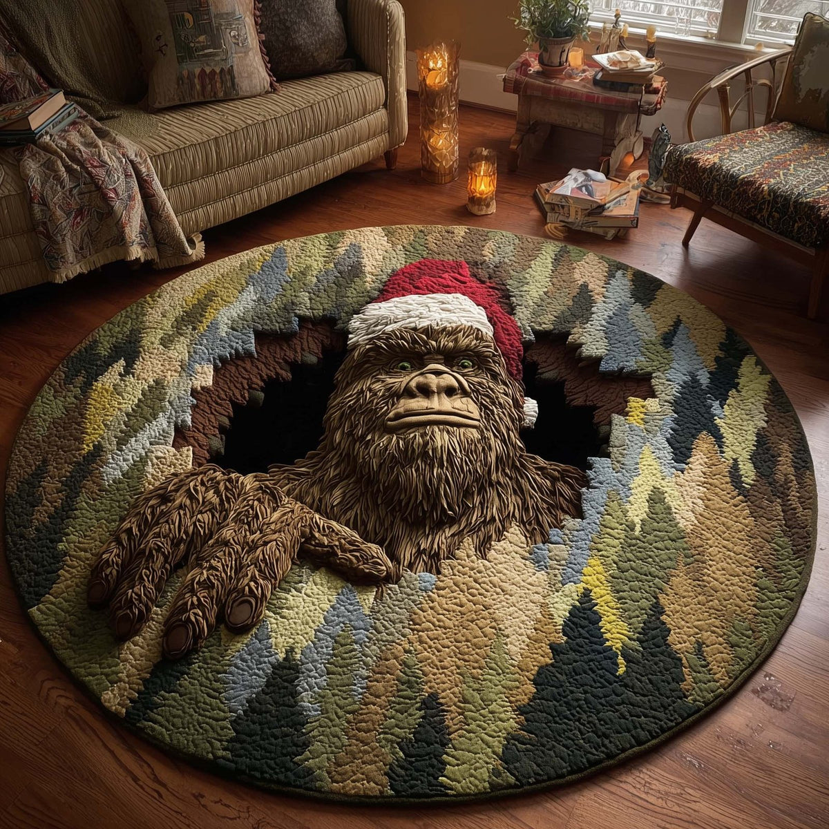 Merry Squatchmas (Design 8) Round Mat Rug - washable non-slip printed rug