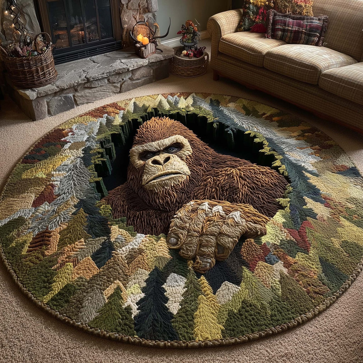Merry Squatchmas (Design 2) Round Mat Rug - washable non-slip printed rug
