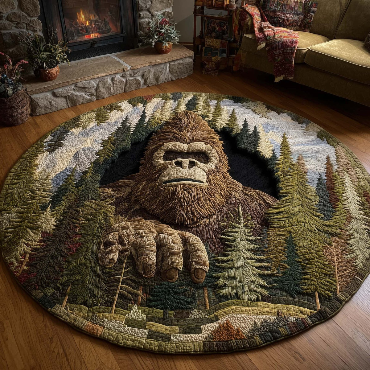 Merry Squatchmas (Design 11) Round Mat Rug - washable non-slip printed rug