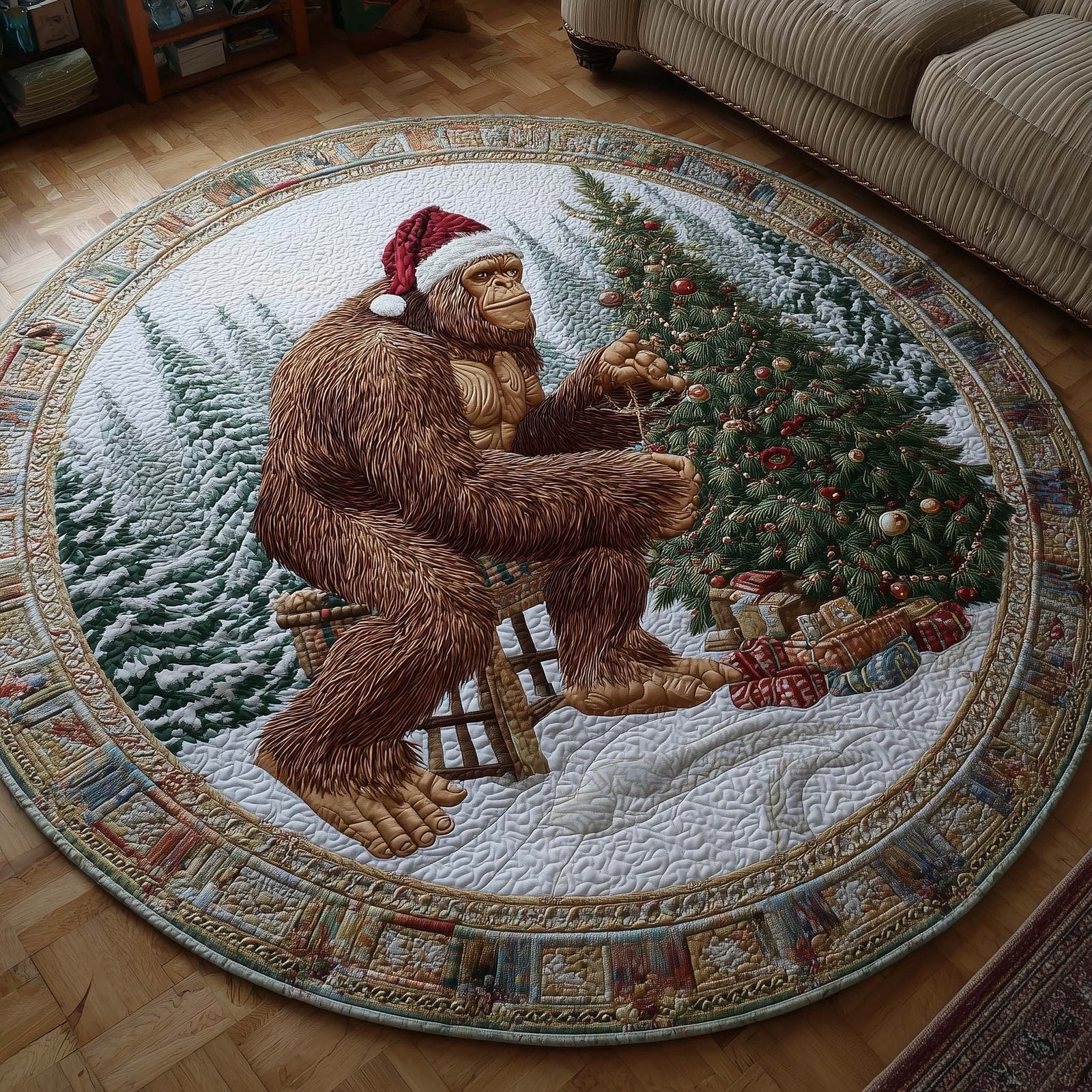 Merry Squatchmas Round Mat Rug - Nature Design | Serene Home Decor