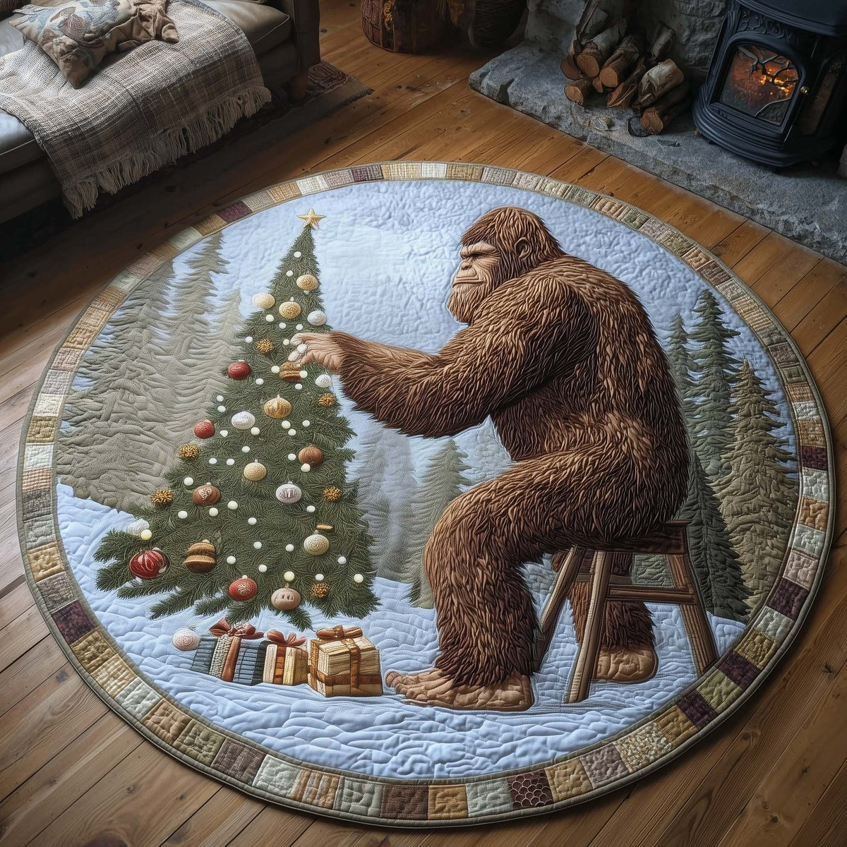 Merry Squatchmas (Design 6) Round Mat Rug - washable non-slip printed rug
