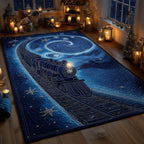 Midnight Blue Magical Train area rug in a living room
