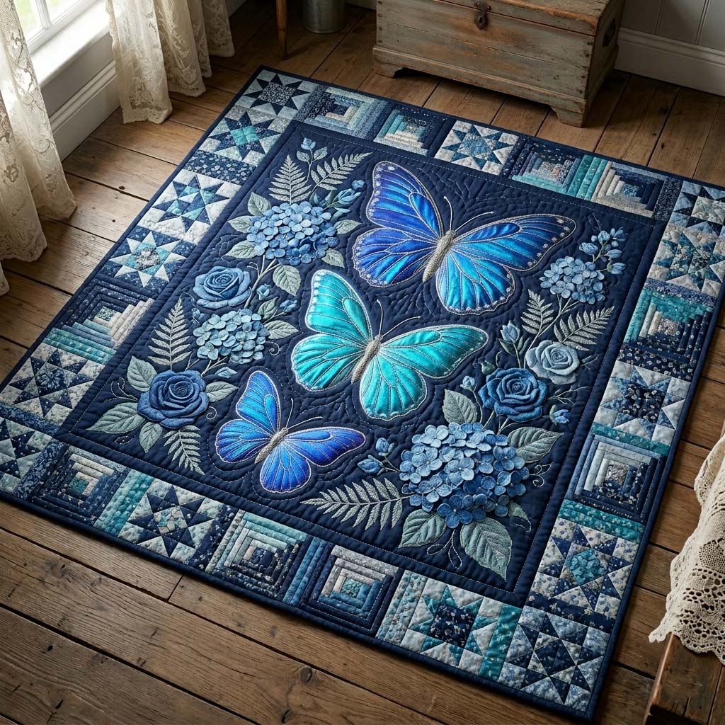 Midnight Blue Wings area rug in a living room