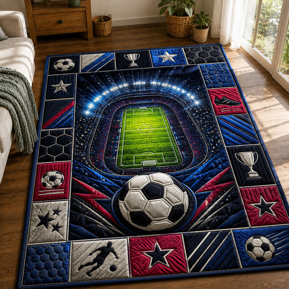 Midnight Football Legends area rug in a living room