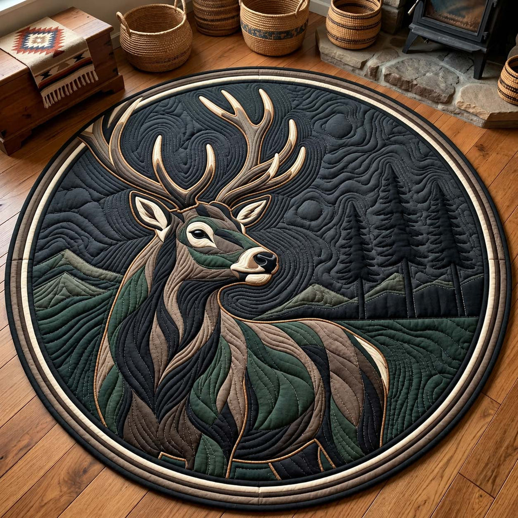Midnight Forest Buck Round Mat Rug - Nature Design | Serene Home Decor - washable non-slip printed rug