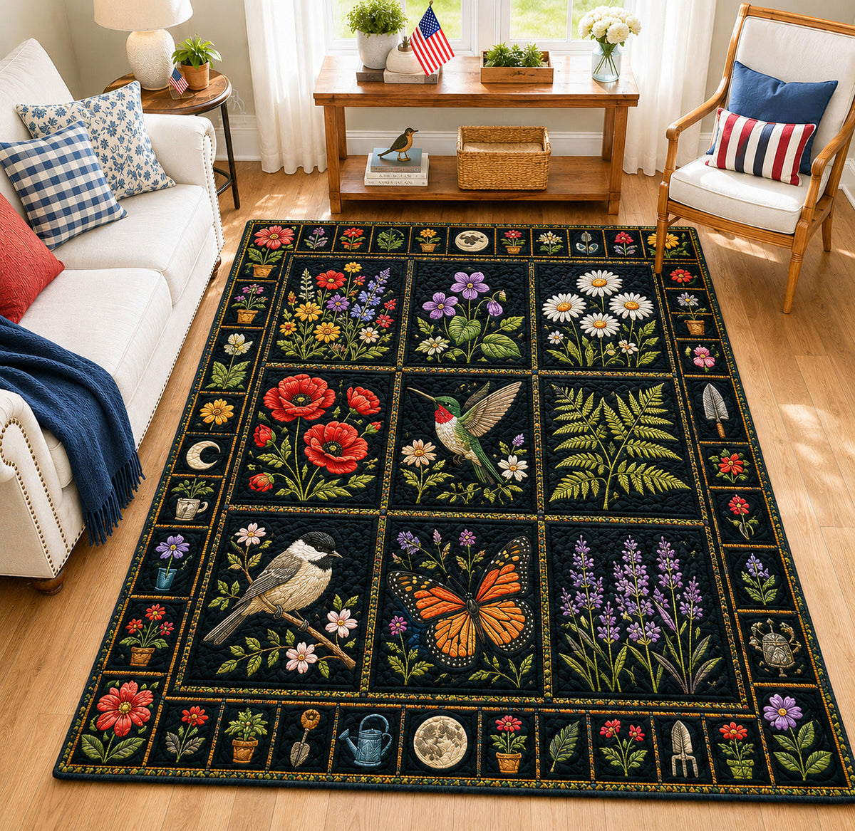 Midnight Garden area rug in a living room