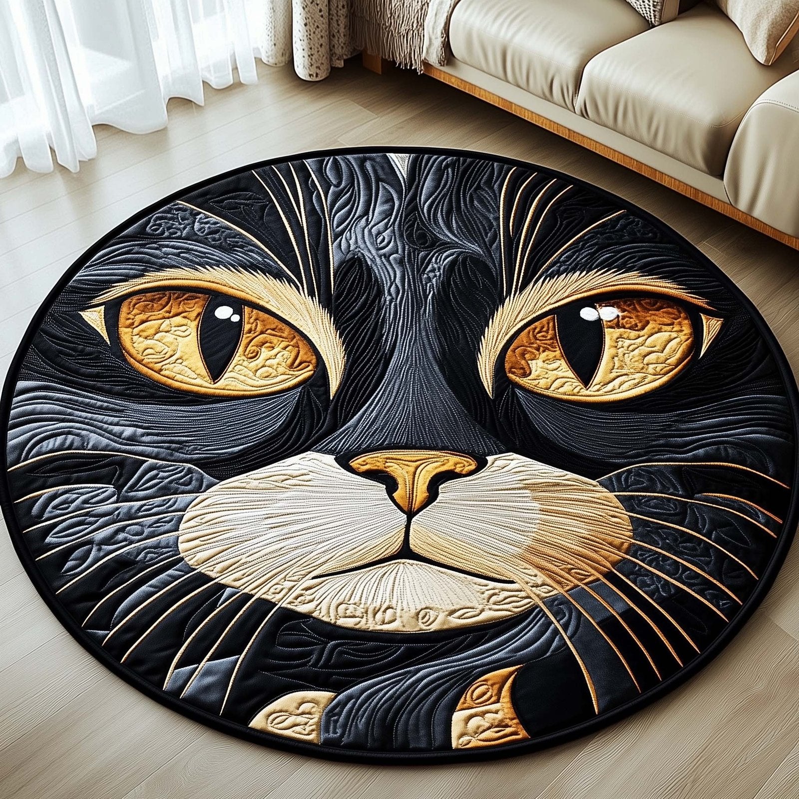 Midnight Gold Cat Round Mat Rug - Cute Pet Design | Animal Printed Home Decor