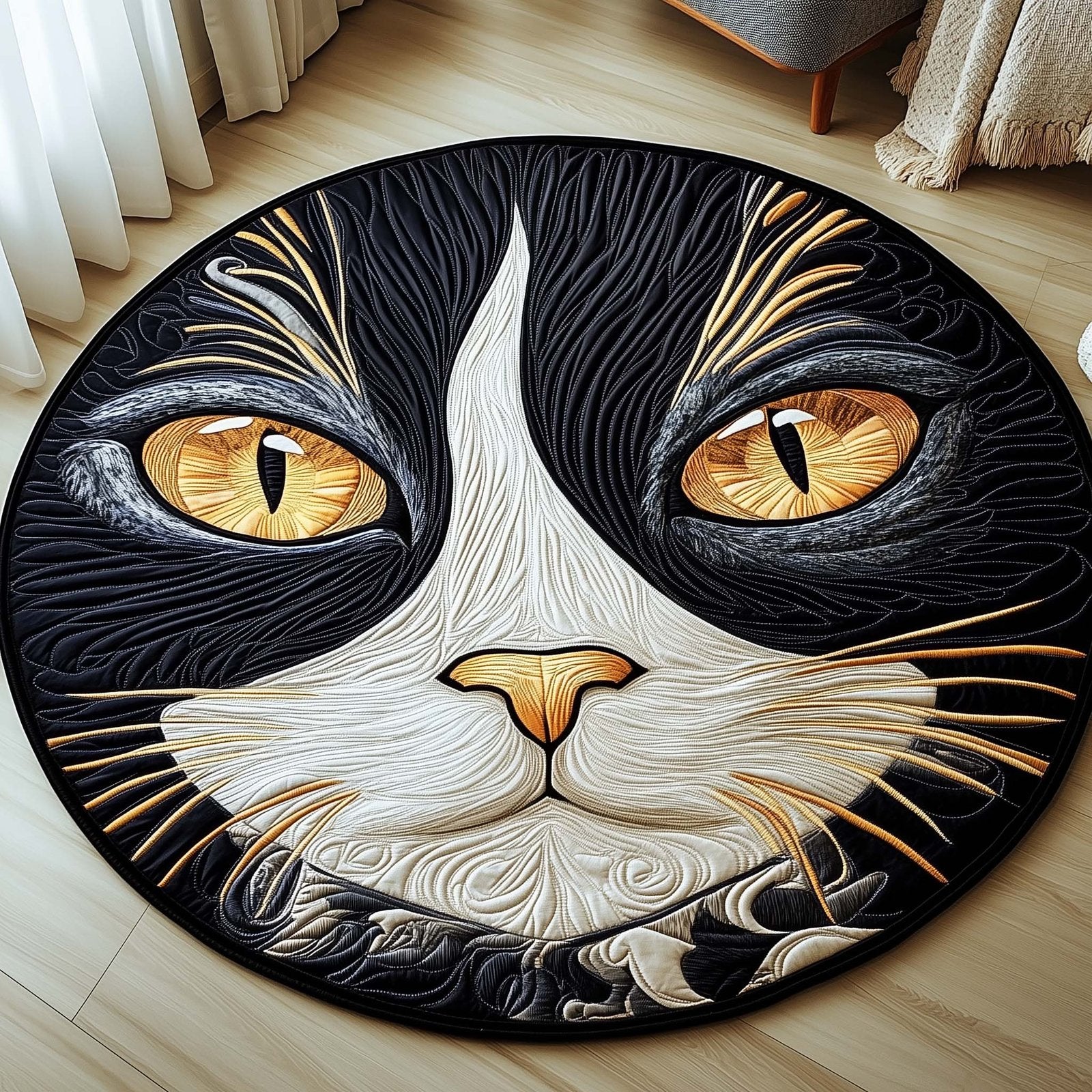 Midnight Gold Cat Round Mat Rug - Cute Pet Design | Animal Printed Home Decor