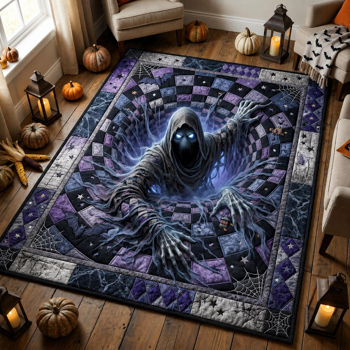 Midnight Haunt area rug in a living room