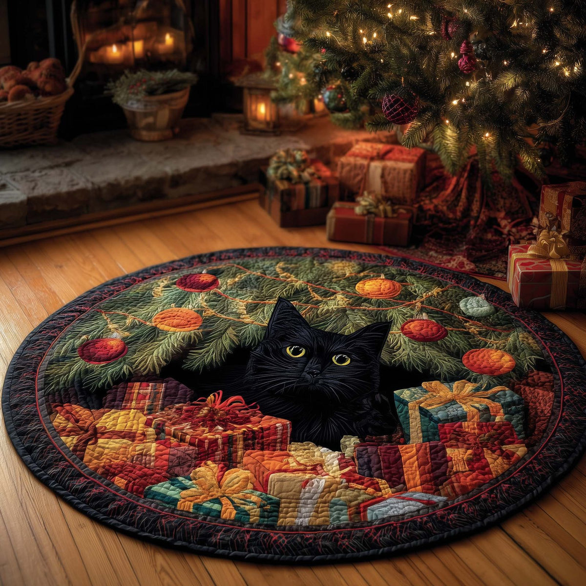 Midnight Magic Cat Round Mat Rug - washable non-slip printed rug