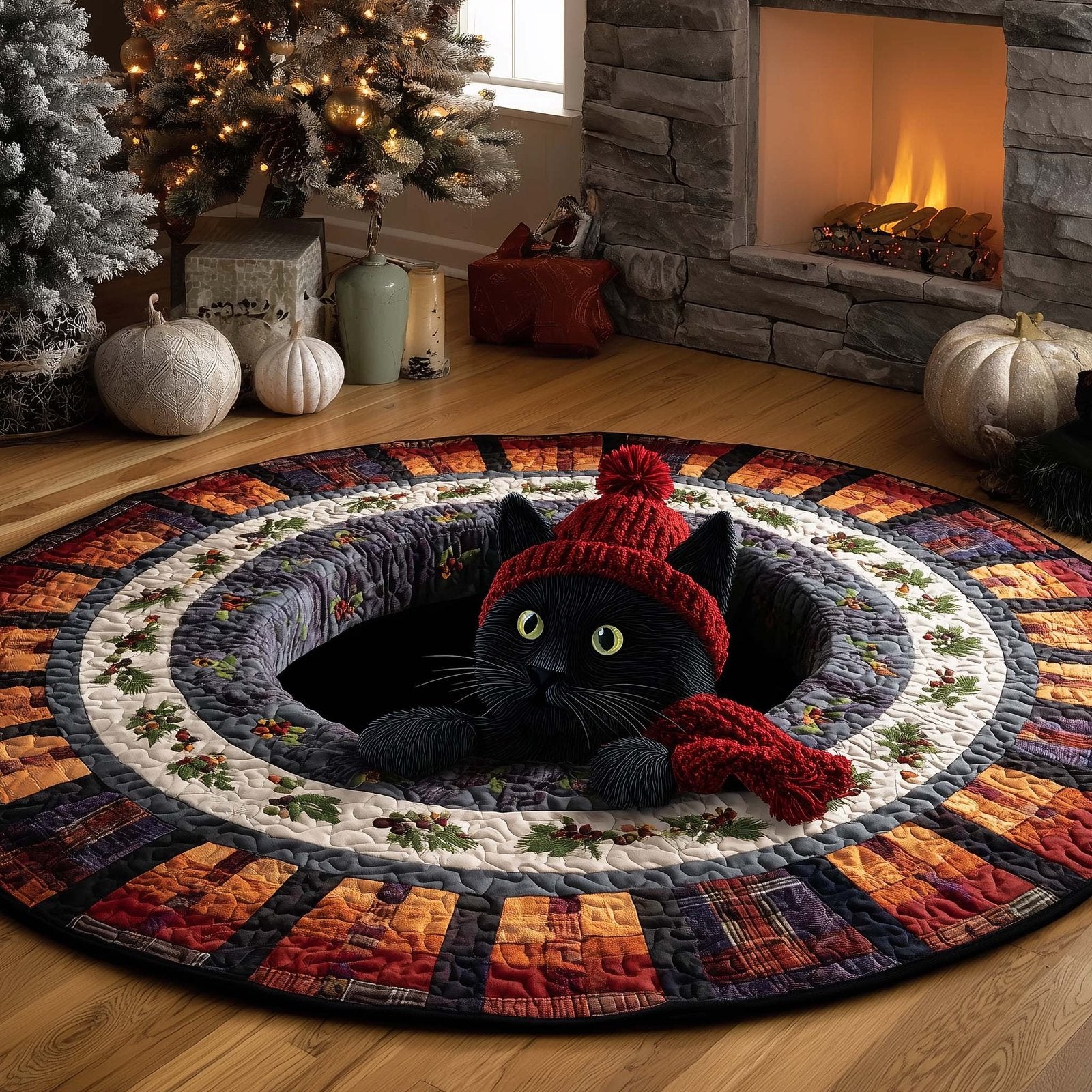 Midnight Magic Cat Round Mat Rug - Cute Pet Design | Animal Printed Home Decor