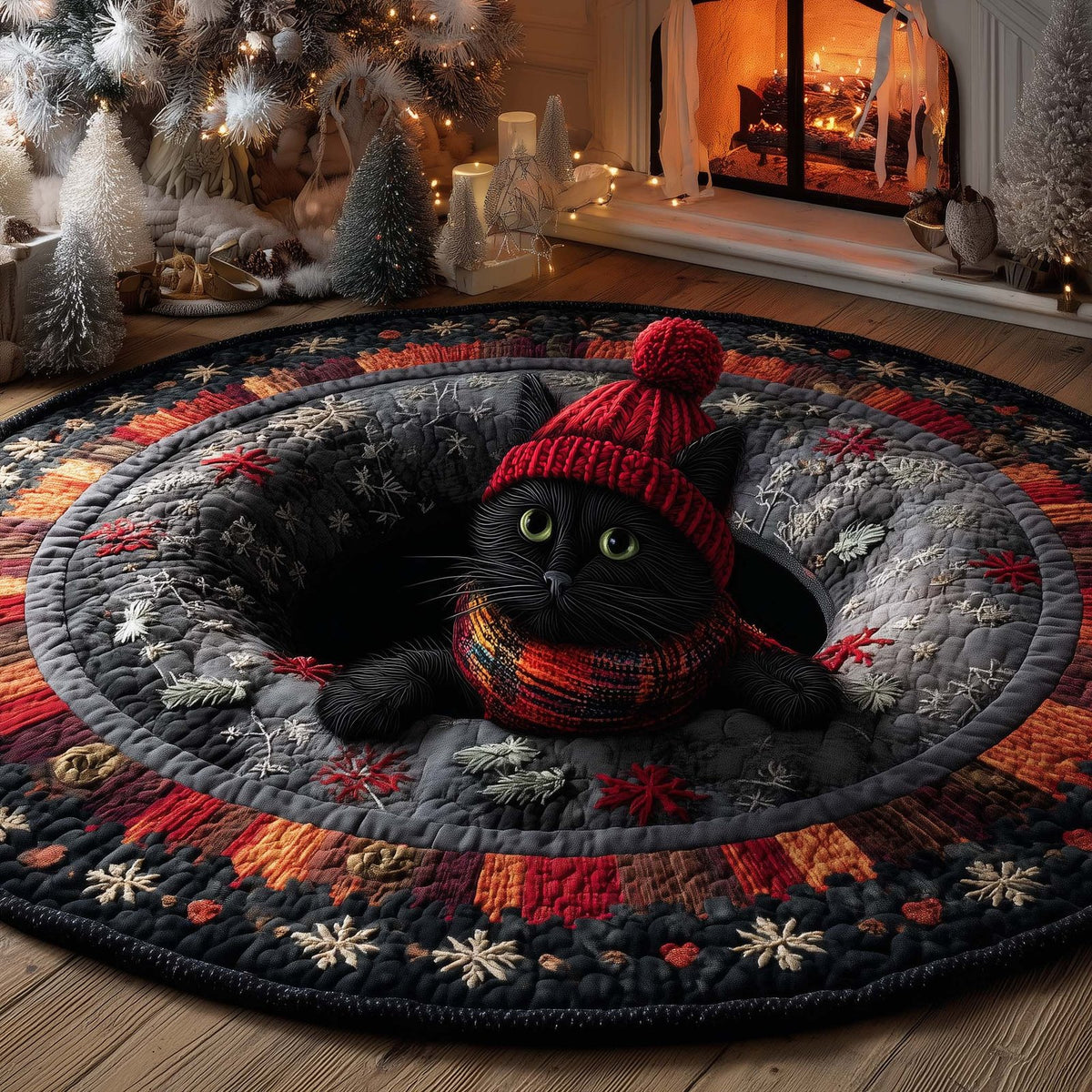 Midnight Magic Cat Round Mat Rug - Cute Pet Design | Animal Printed Home Decor