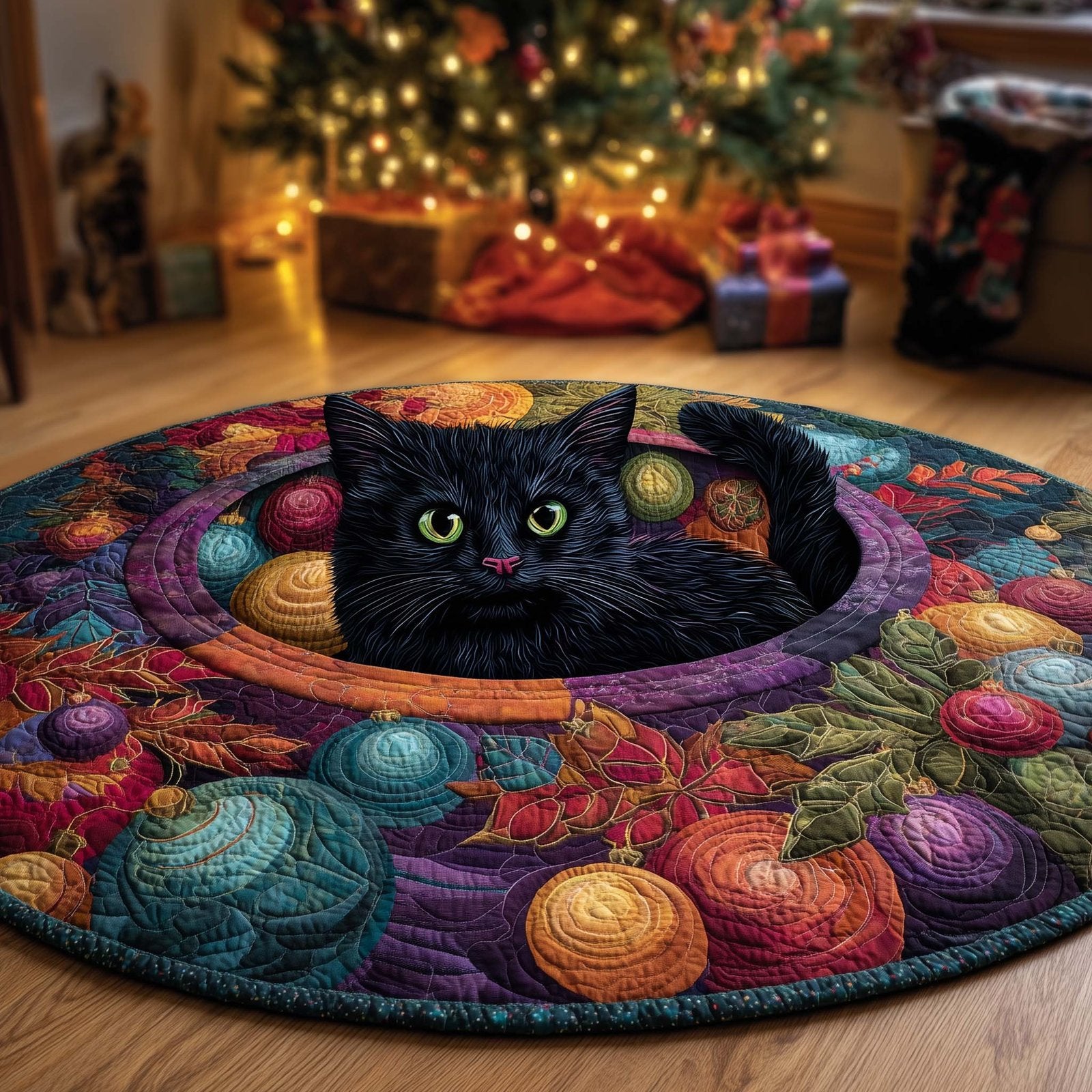 Midnight Magic Cat Round Mat Rug - Cute Pet Design | Animal Printed Home Decor