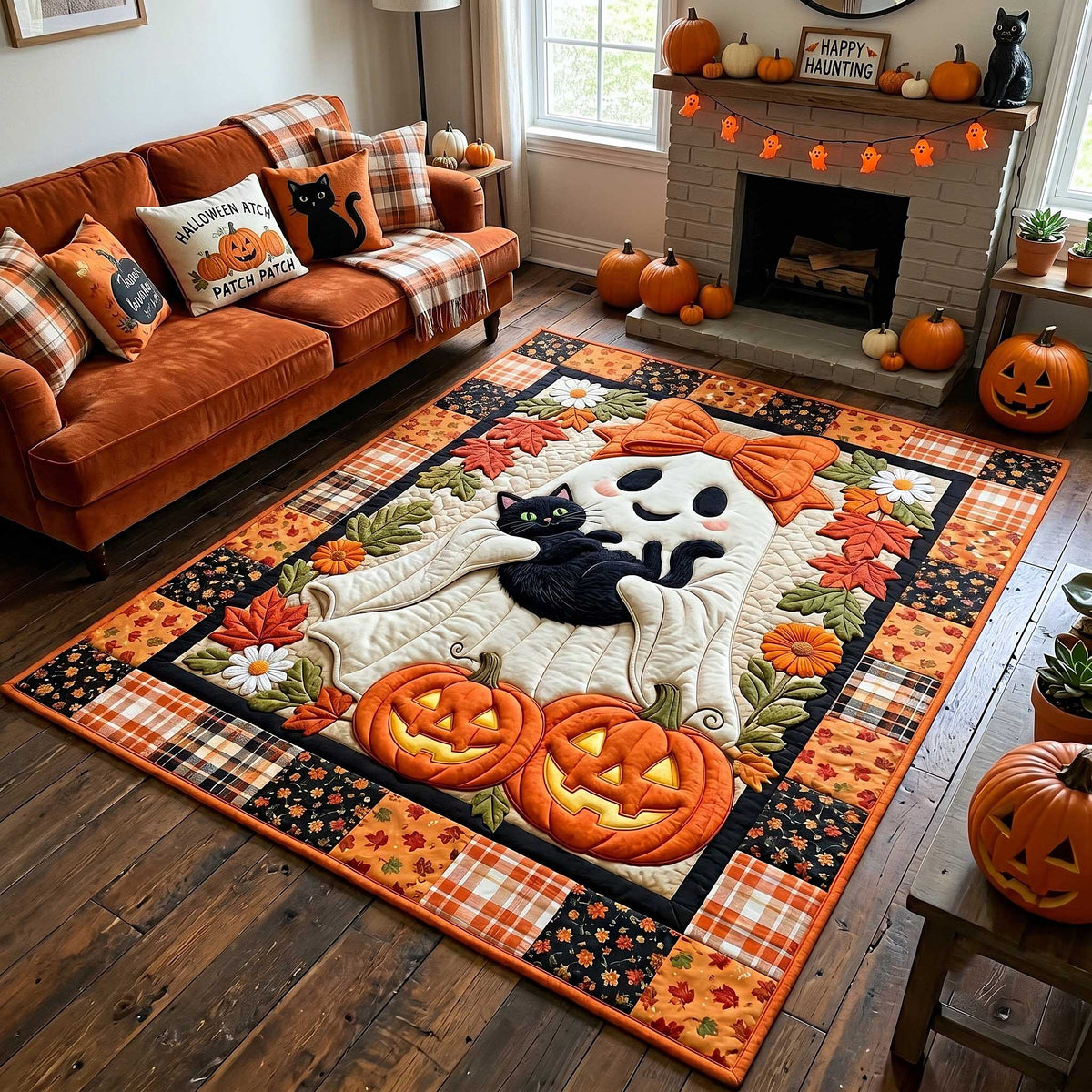 Midnight Mischief area rug in a living room