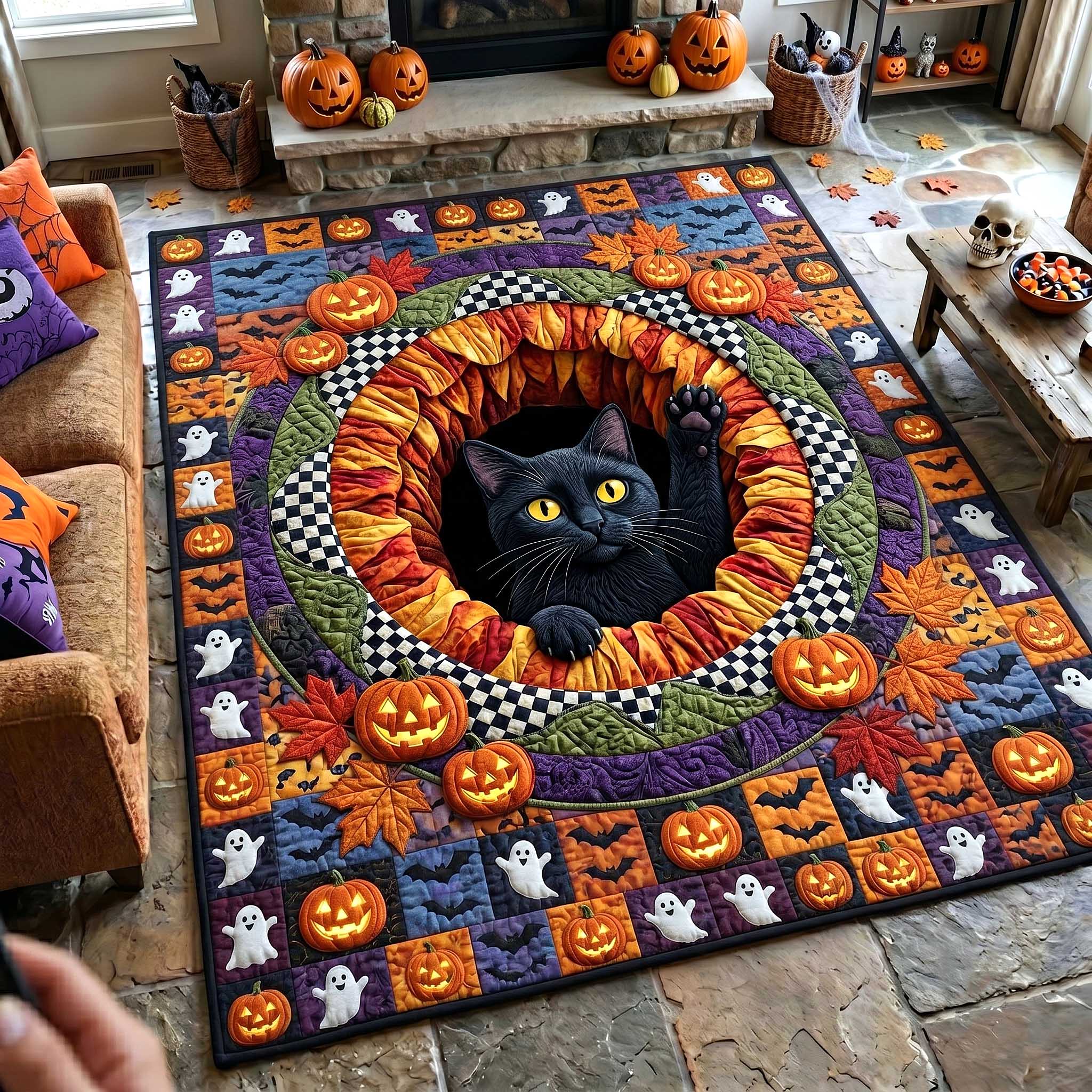 Midnight Mischief area rug in a living room