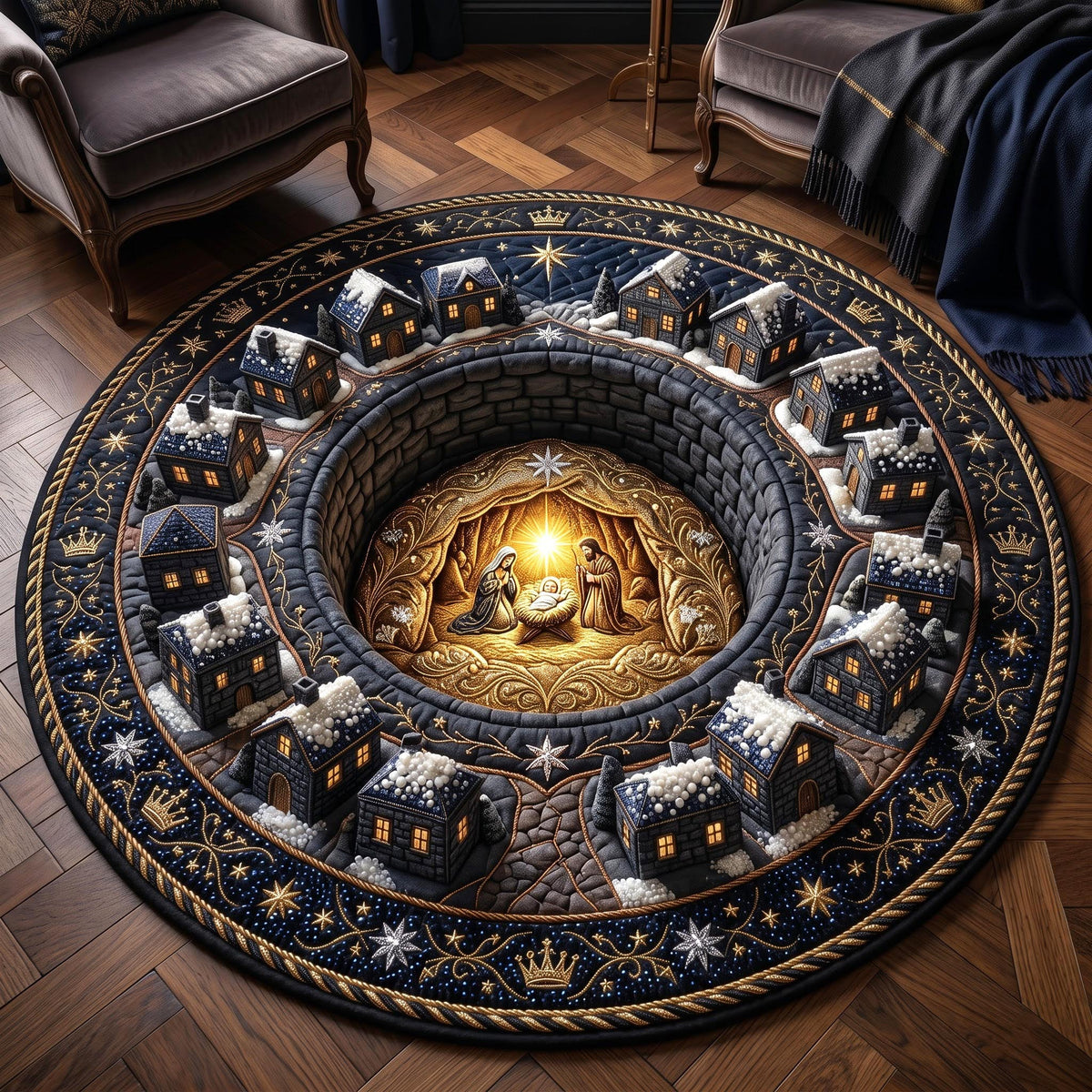 Midnight Nativity Round Mat Rug - Nature Design | Serene Home Decor - washable non-slip printed rug