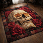Midnight Rose Skull area rug in a living room
