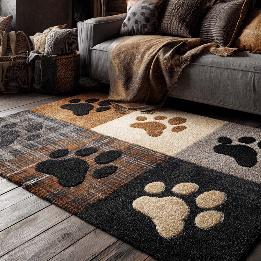 Midnight Tan Paw area rug in a living room