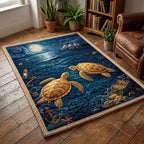 Midnight Voyage Turtles area rug in a living room