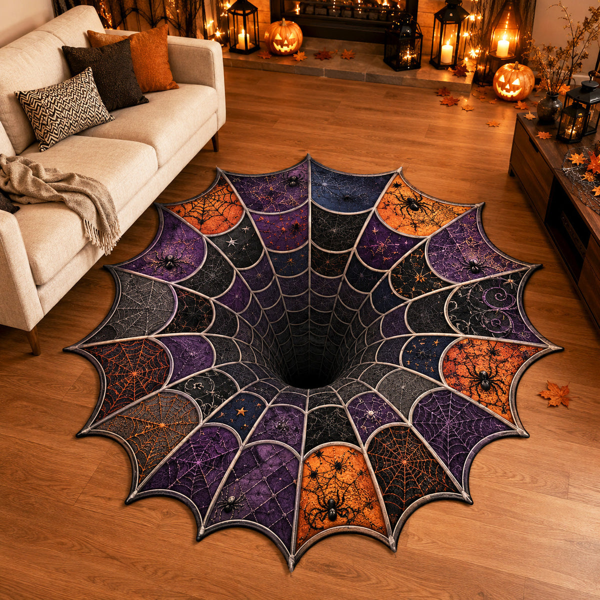 Midnight Web Custom Shape Area Rug - Nature Design | Die-Cut Non-Slip Rug - washable non-slip printed rug