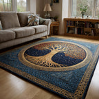 Midnight Yggdrasil area rug in a living room