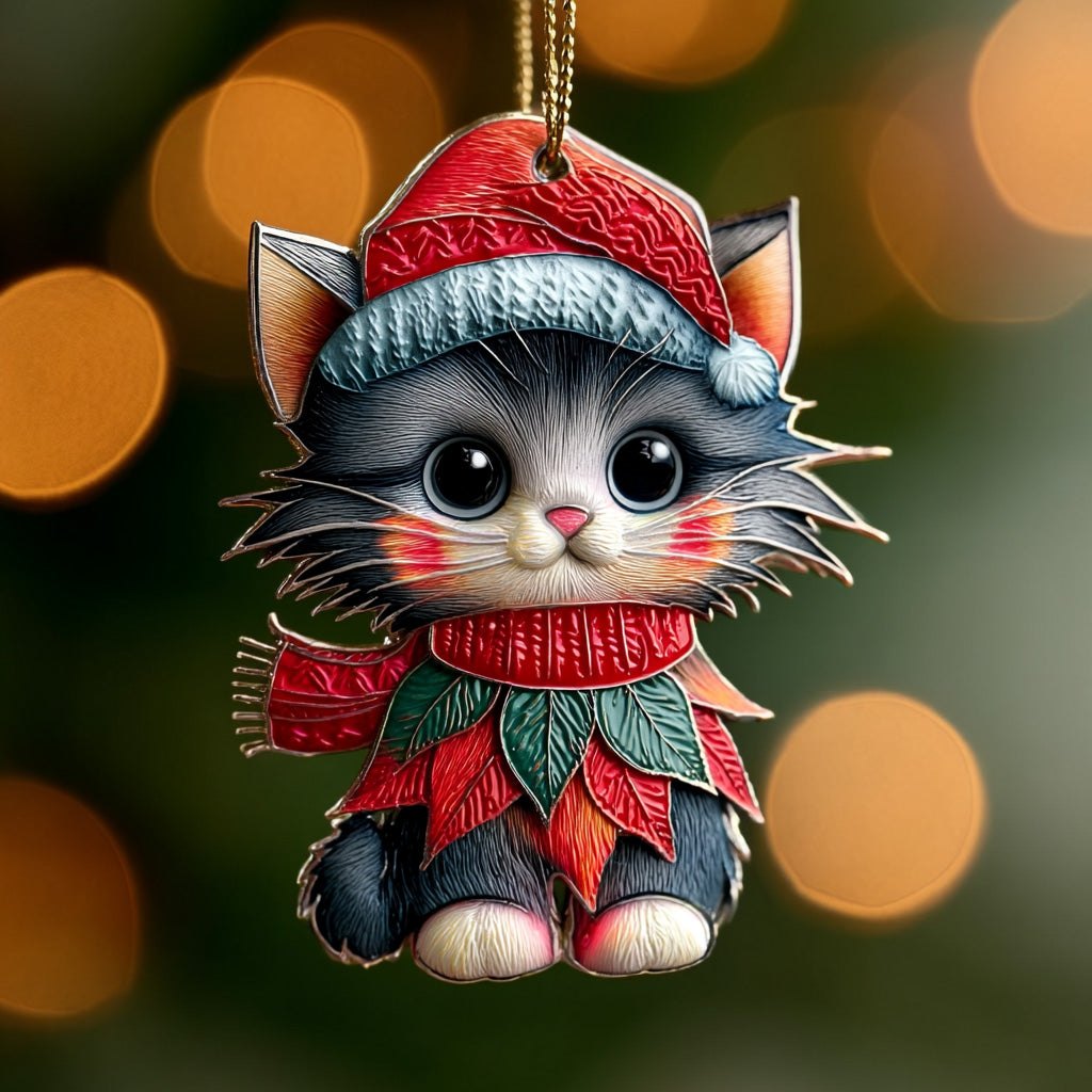 Red Beanie Poinsettia Kitten Christmas Ornament