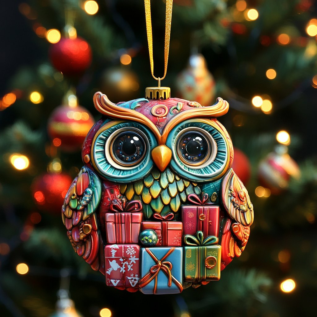 Owl With Gift Stack Christmas Ornament