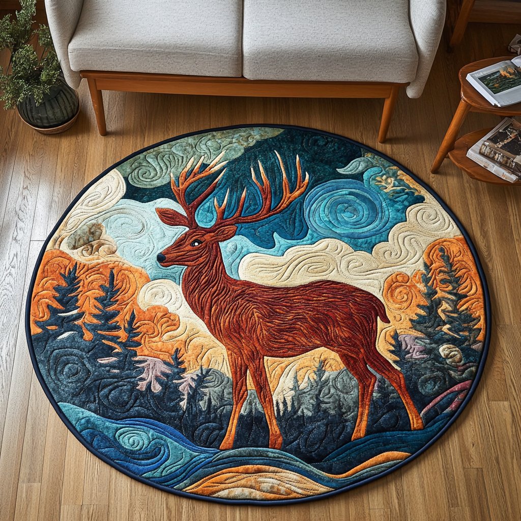 Misty Forest Stag Round Mat Rug - washable non-slip printed rug