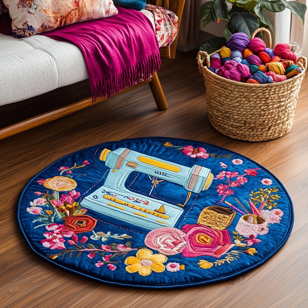 Modern Sewing Machine Round Mat Rug - washable non-slip printed rug