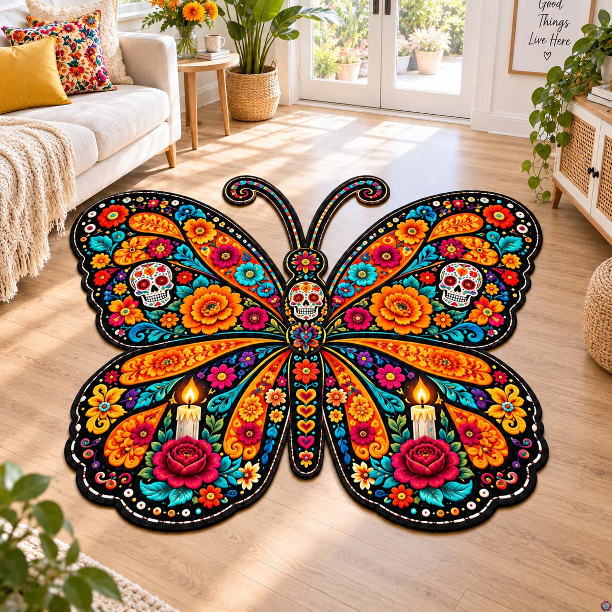 Monarch Calavera Custom Shape Area Rug - Nature Design | Die-Cut Non-Slip Rug - washable non-slip printed rug