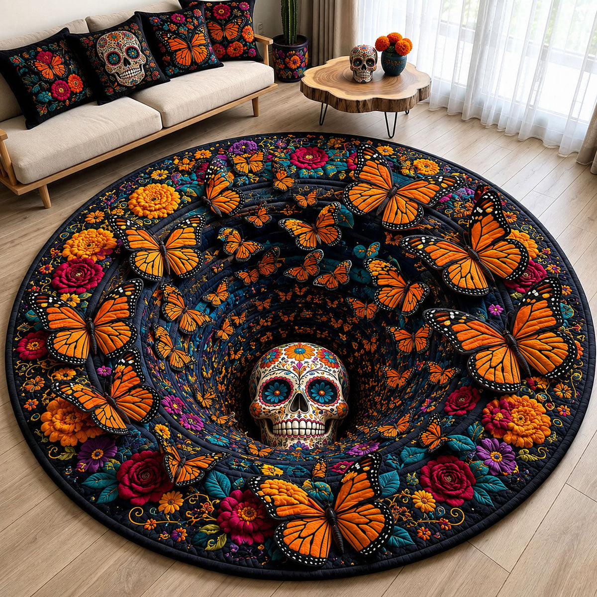 Monarch Sugar Skull Round Mat Rug - Nature Design | Serene Home Decor - washable non-slip printed rug