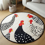 Monochrome Roosters Round Mat Rug - washable non-slip printed rug