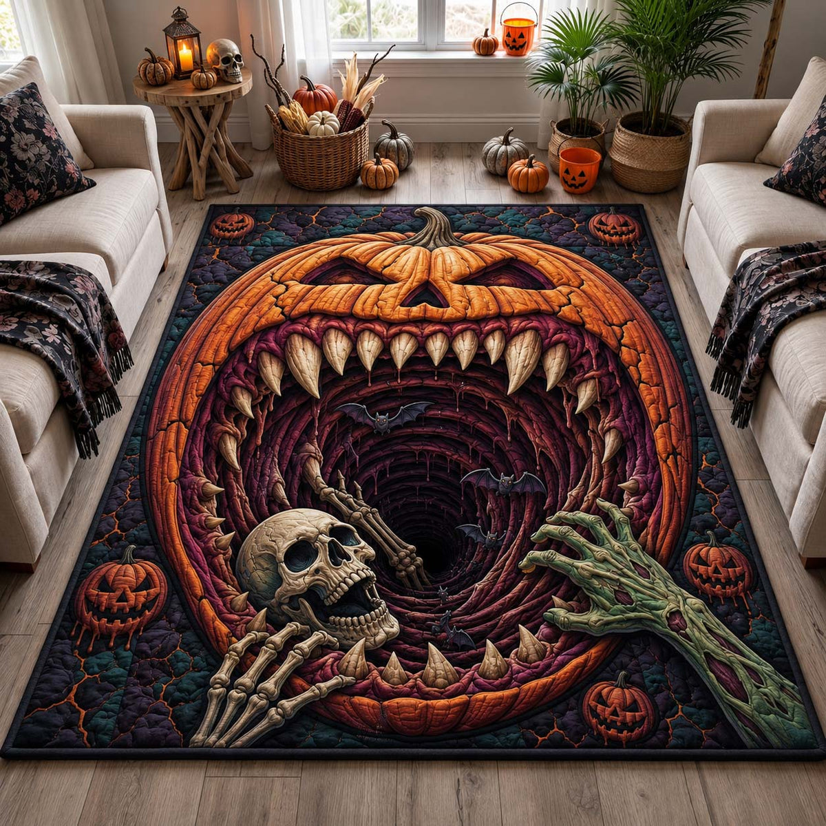 Monster Pumpkin Maw area rug in a living room