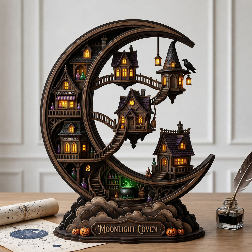 Moonlight Coven wooden block, laser-cut 3-layer wood