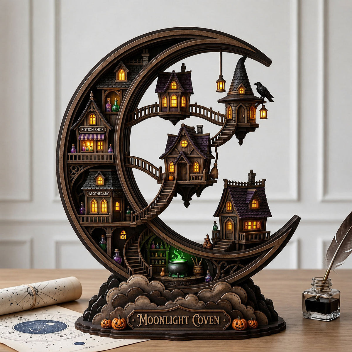 Moonlight Coven wooden block, laser-cut 3-layer wood