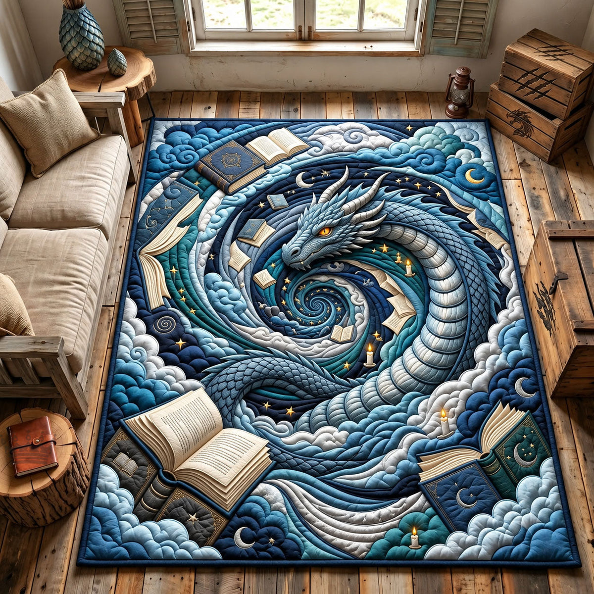 Moonlight Dragon Library area rug in a living room