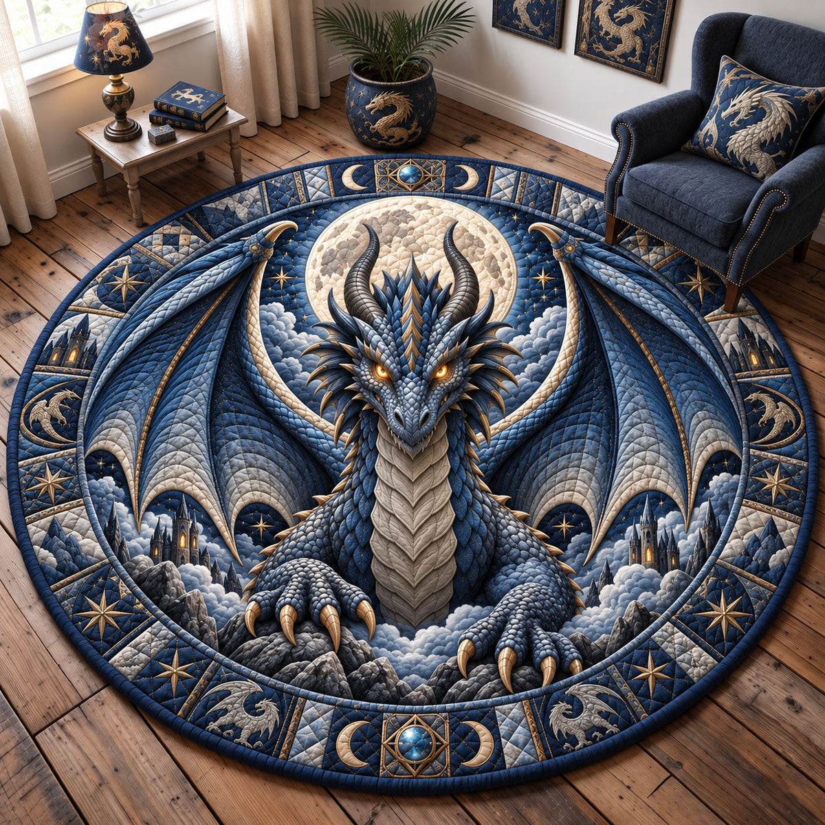 Moonlight Dragon Round Mat Rug - Cute Animal Design | Charming Home Decor - washable non-slip printed rug