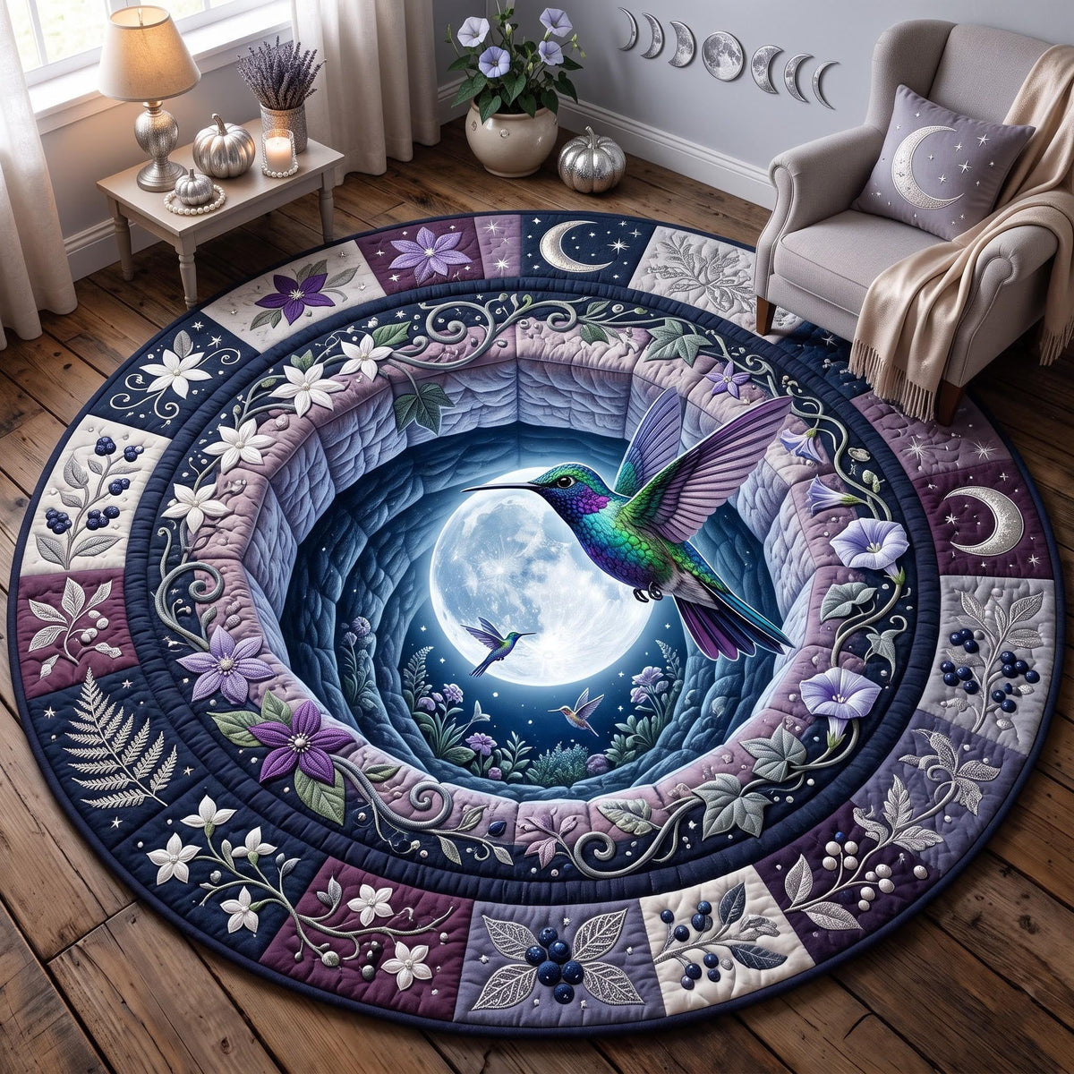 Moonlight Hummingbird Round Mat Rug - Cute Animal Design | Charming Home Decor - washable non-slip printed rug