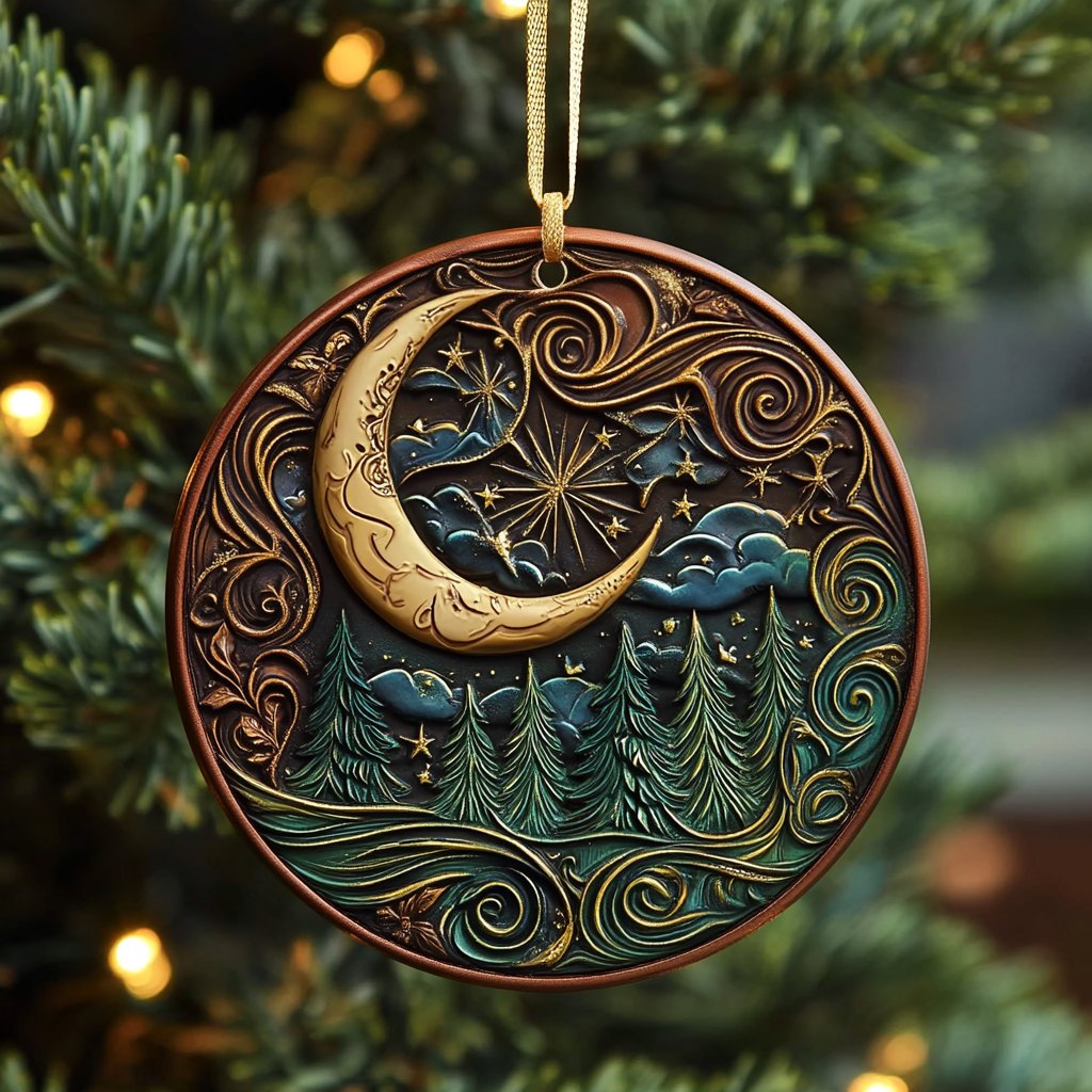 Ornate Moon Pine Forest Christmas Ornament