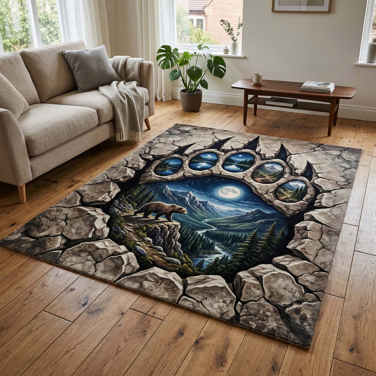 Moonlit Bear area rug in a living room